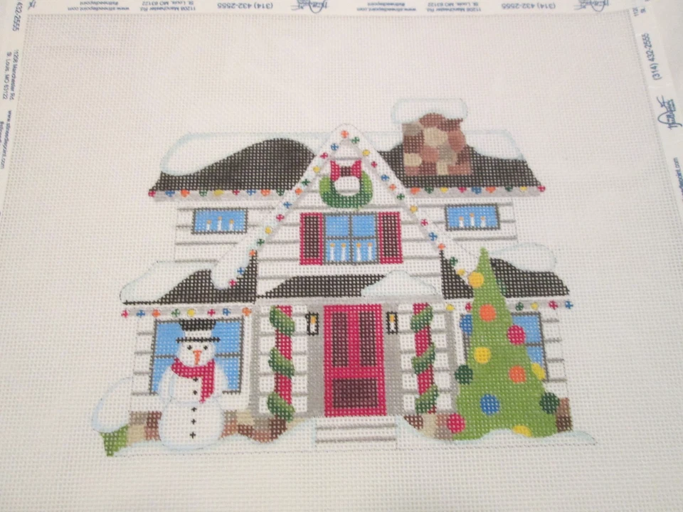 WHITE CHRISTMAS HOUSE-RAYMOND CRAWFORD-HANDPAINTED NEEDLEPOINT CANVAS - Image 1 of 1