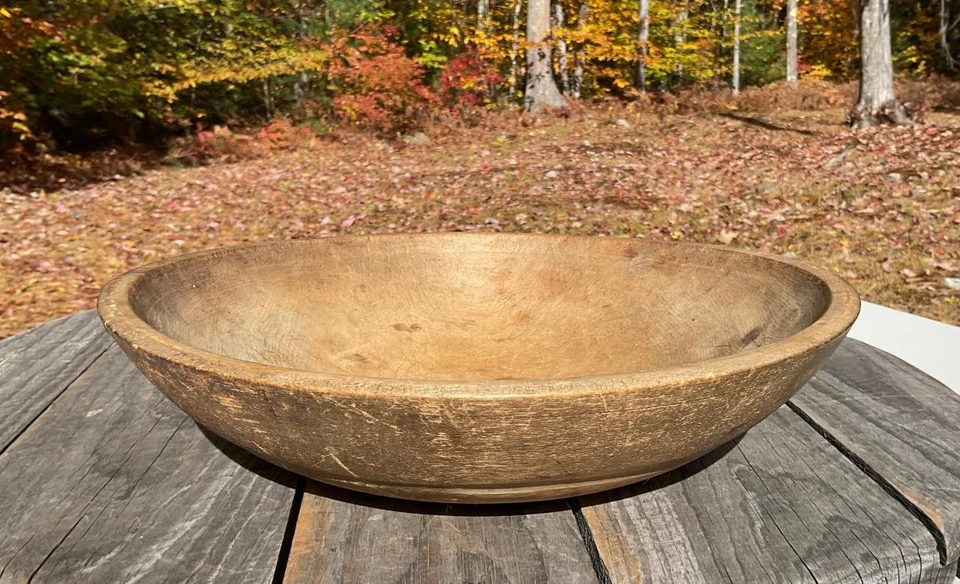 Antiguo cuenco de madera base con patas pared exterior sutil acanalada 13"D Prim Country Farm Foto 1 de 1