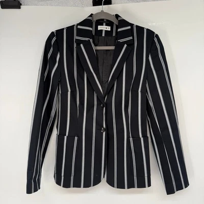 Comma, Striped Single-Breasted Blazer Women's Size 36 US 6 Black White Cotton - Image 1 of 4