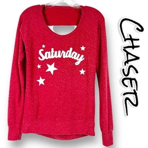 Chaser Saturday Red White Graphic Open Back Long Sleeve Top Womens Size XS - Picture 1 of 12