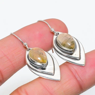 Natural Labradorite Boho Leaf Gemstone Earrings 925 Sterling Silver Jewelry Gift - Image 1 of 4