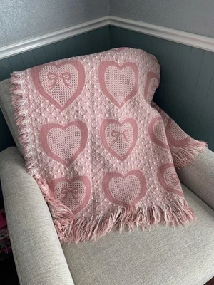 Pink Hearts And Bows Knit Blanket, Throw, Valentines, Baby, Cottage core, Home - Image 1 of 4