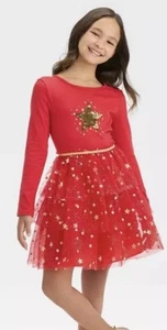 New Girls Cat & Jack Dress Size 10/12 Red Gold Star Long Sleeves - Picture 1 of 7