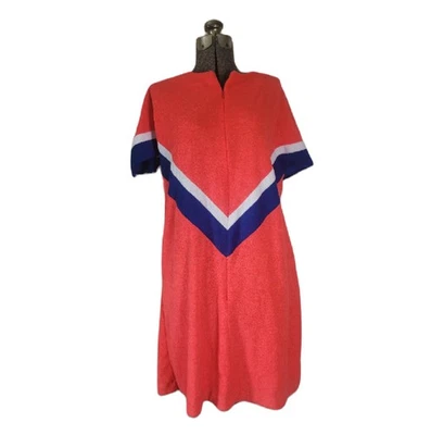 Vintage 60s 70s Vanity Fair Towel Dress Bathing Suit Cover Up M Red Blue USA - Image 1 of 4