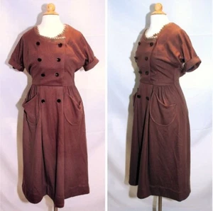 Vintage 1960's Helen Whiting Brown Wool Day Dress Button Front XS/S Swiss Miss - Picture 1 of 10
