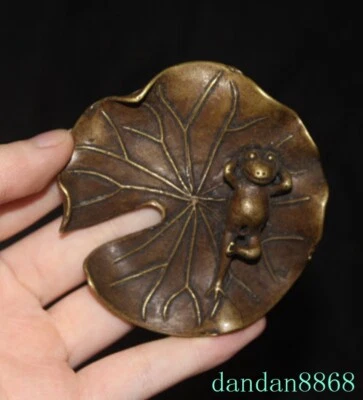 2.8" China Bronce Dorado Feng Shui Rana Loto Hoja Pluma Lavado Cenicero Estatua Foto 1 de 4