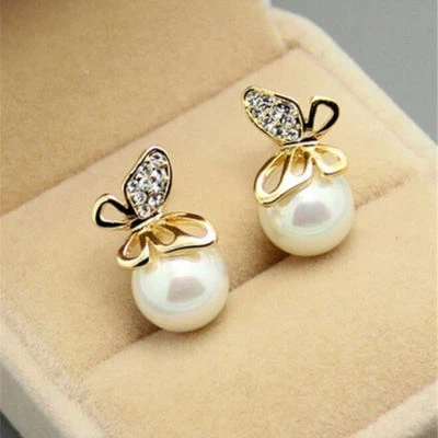 Schmuck Frauen Kristall Gold Schmetterling Perle Ohrstecker Ohrringe Geschenk FL - Bild 1 von 4