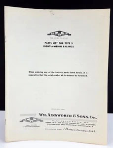 Vintage Ainsworth and Sons Right-A-Weigh Balance Type S Parts List Booklet - Picture 1 of 4