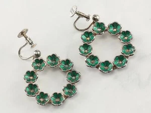 Art Nouveau Green Enamel Flower Screw Back Earrings Sterling Silver - Picture 1 of 3