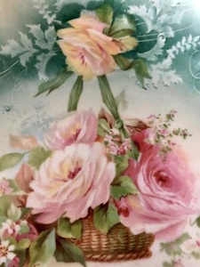 R.S. Prussia Signed Bowl Medallion Mold Hanging Basket of Flowers Green & Yellow - Picture 1 of 6