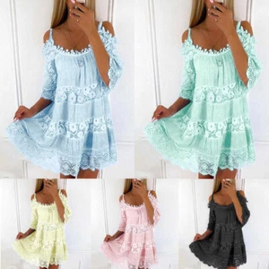Summer Sundress Ladies Beach Holiday Womens Mini Dress Lace Off Shoulder Dress## - Picture 1 of 15