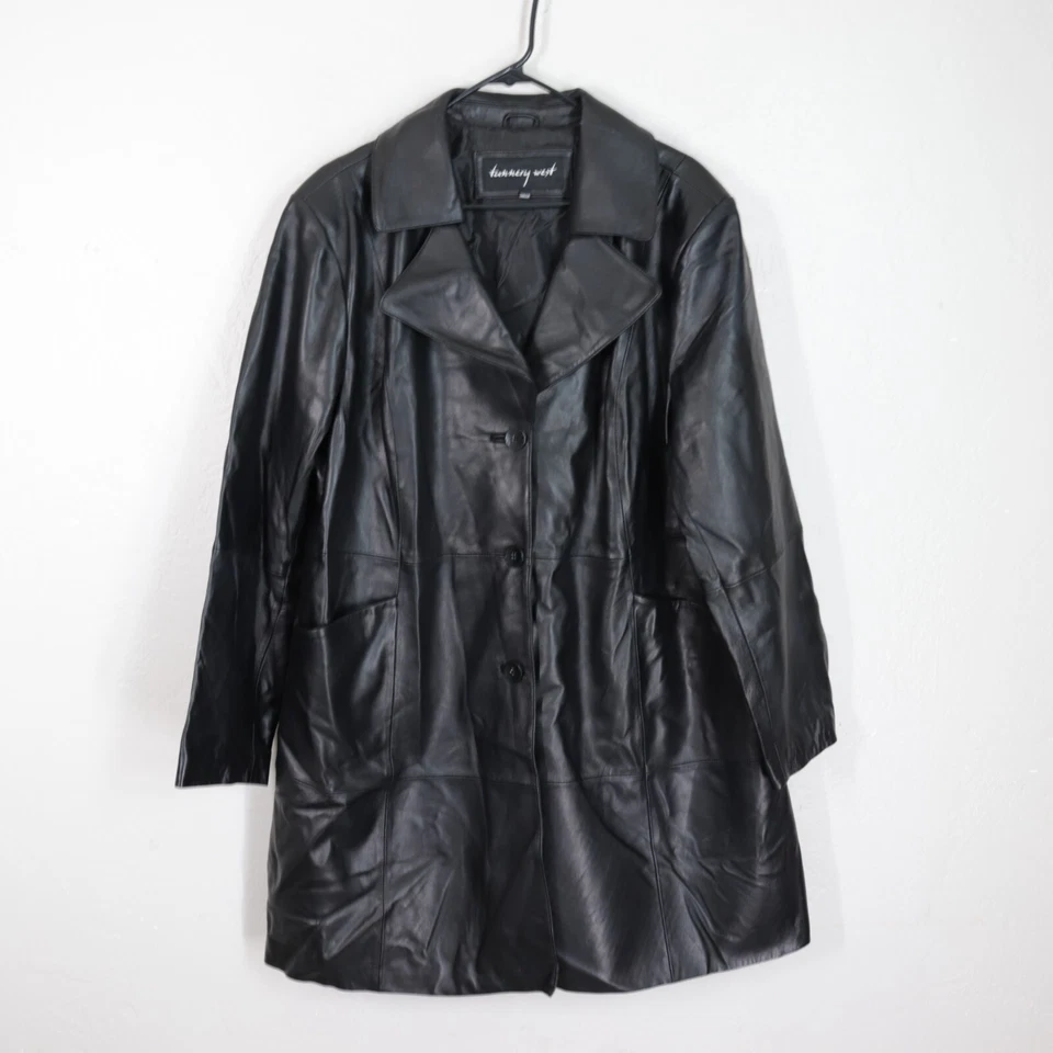 Vtg Tannery West Leather Jacket Coat Plus 24W 26W  Black Button Pockets Lined - Image 1 of 4