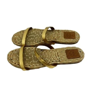 Tory Burch Espadrille Two Band Flat Sandals Women’s 8 Gold Metallic Leather - Picture 1 of 8