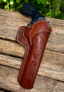 For 8" S&W L-FRAME 357, Right Hand Brown Leather Western Tooled Belt Holster - Picture 1 of 6