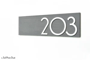 Modern Apartment door Numbers Label, Gray Wood and Acrylic numbers glued on it - Picture 1 of 8