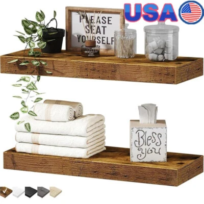 Juego de 2 estantes flotantes de madera rústica montados en la pared decoración de granja marrón nuevo Foto 1 de 4