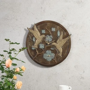 Innovative Aluminum Hummingbird Pair Wall Mounted Garden Clock and Thermometer - Picture 1 of 4