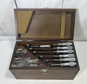 VINTAGE TOOLMEX OUTSIDE MICROMETER SET 0-6 ZERO TO SIX INCHES W/ WOODEN CASE - Picture 1 of 21