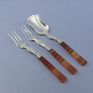Dutch .835 Silver 3-Piece Agate Handled Serving Set 2 Forks & Server No Monogram - Picture 1 of 17
