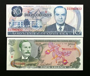 S.C. Costa Rica - Lote de 10 y 5 Colones. 1981 y 1989. SC/UNC. - Imagen 1 de 2