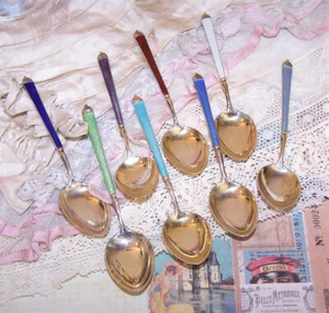 Watson Co Set/8 Sterling Silver Vermeil Jewel Tone Enamel Demitasse Spoons - Picture 1 of 6