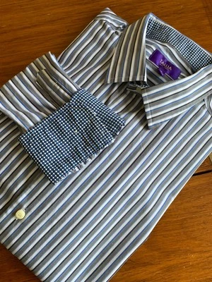 Tallia Flip Cuff Shirt Mens Large 16 1/2 White Blue Grey Stripes Button Front - Image 1 of 4