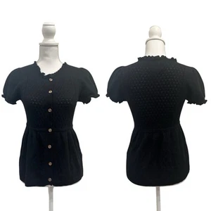 Juicy Couture Y2K Black Knit Puff Sleeve Peplum Babydoll Lettuce Trim Cardigan - Picture 1 of 12