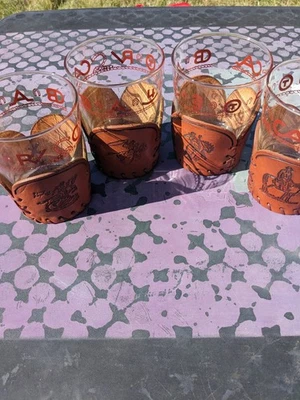 4 VTG LIBBEY BAMCO WESTERN TEXAS HORSE TOOLED LEATHER BARWARE GLASSES - Image 1 of 4