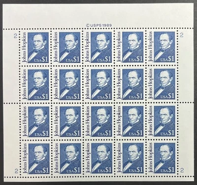 US Great Americans Scott 2194e variety, $1 Hopkins, Sheet of 20, Extra Fine, MNH - Image 1 of 3