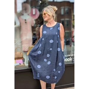 Me & Gee Dots Tank Dress in Blue wi/White Large Polka Dots 100% Linen Women's L - Picture 1 of 7