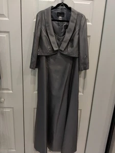 Alex Evening's Long Two Piece Evening Gown And Jacket Size 12 Steel Gray Beading - Picture 1 of 6