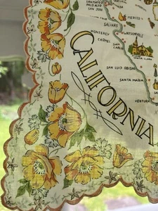 Vtg. California Nevada Map Hankie Scalloped Edges Souvenir Poppies Never Used - Picture 1 of 11