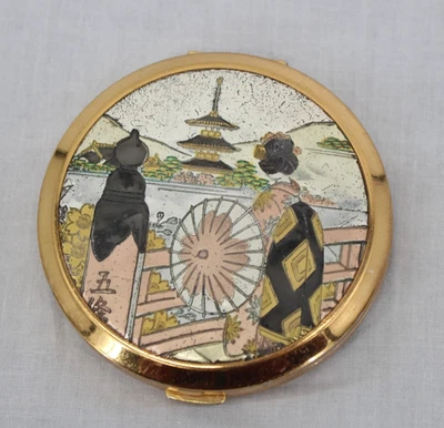 Vintage Japanese Chokin Art Powder Compact Mirror Geisha Pagoda Scene Gold Tone - Image 1 of 4