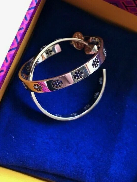 Tory Burch Pierced T Logo Hoop Earrings 16k Shiny Gold Plated