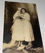 Antique American Bride in Wedding Gown & Bridesmaid Real Photo Postcard! RPPC!