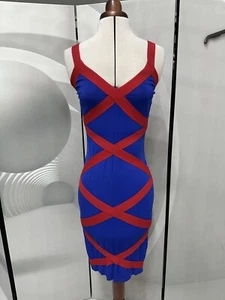 Authentic Alexander McQueen Red And Royal Blue Bodycon Dress Size XS/S - Picture 1 of 10