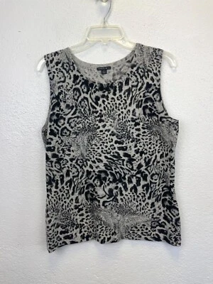 Suéter feminino Lafayette 148 cinza estampa animal 100% cashmere sem mangas tamanho G - Imagem 1 de 4