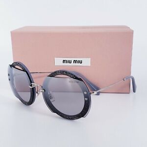 🍀MIU MIU REVEAL GLITTER MU 06SS Silver Grey Crystal Pave Mirrored Sunglasses 