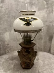 VINTAGE MINIATURE OIL LAMP- 3D EAGLE NORLEANS JAPAN WITH GLASS & SHADE - Picture 1 of 8