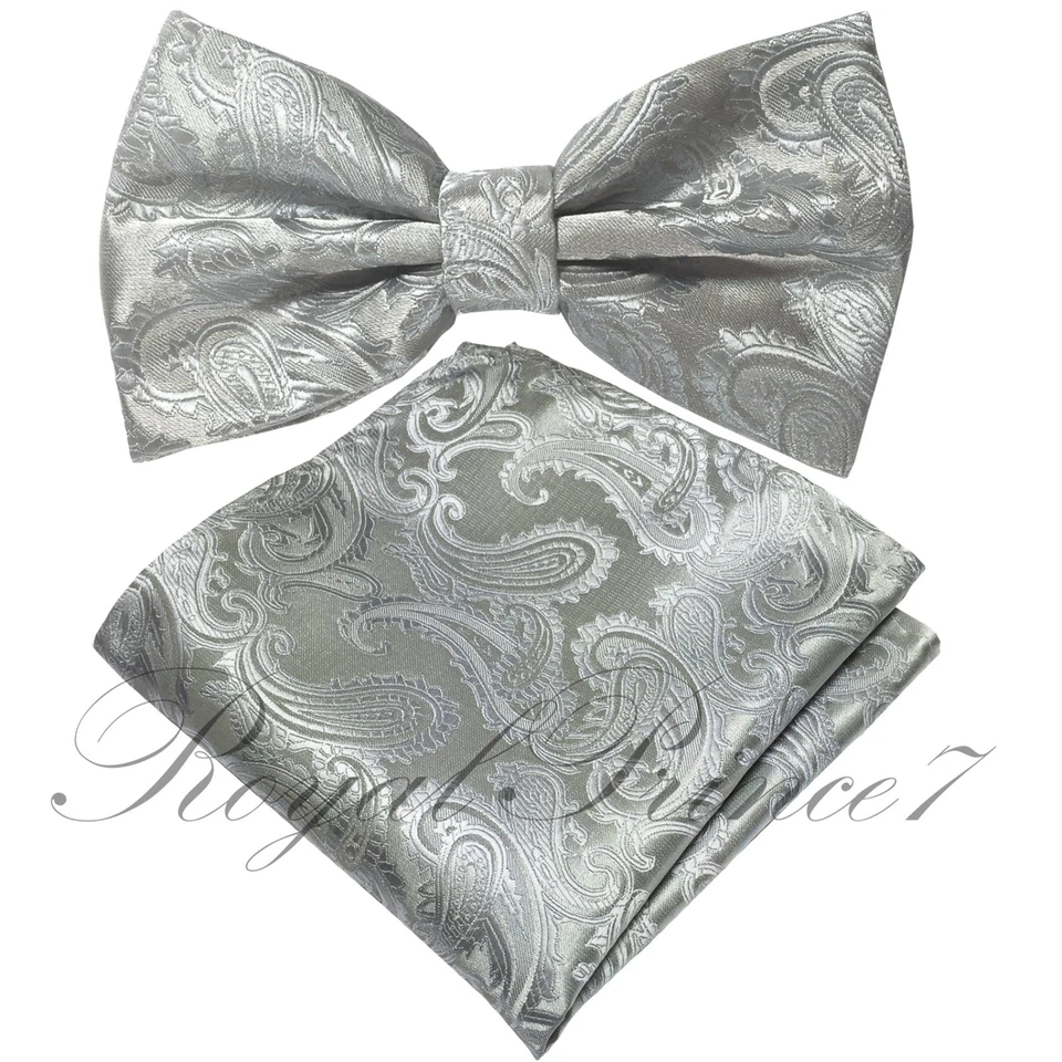 Совершенно новый серебряный бабочка галстук-бабочка и карман квадратный носовой платок комплект свадьбы - Изображение 1 из 1