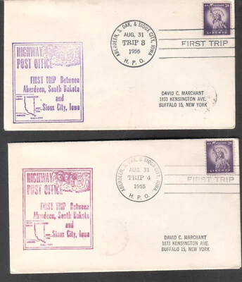 1955 HPO highway post office cachet covers Aberdeen SD & Sioux City Iowa Tr 3&4 - Image 1 of 2