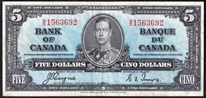 Canada 1937 $5 Five Dollar Banknote Coyne - Towers Nice Details B/S 1563969 - Picture 1 of 2