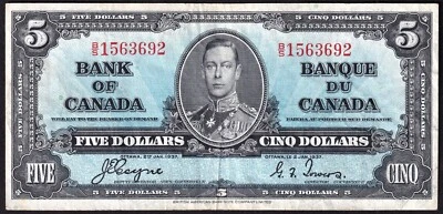 Canada 1937 $5 Five Dollar Banknote Coyne - Towers Nice Details B/S 1563969 - Image 1 of 2