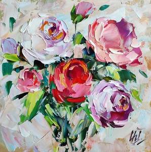 original oil painting Rose Peony flowers artwork Floral wall art 10*10 inch - Picture 1 of 13