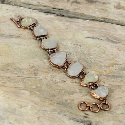 Rainbow Moonstone Rough Copper Love Gift Electroformed Adjustable Bracelet 6.0" - Image 1 of 4