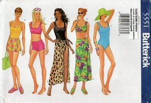 Butterick 5551 One or Two-Piece Swimsuits, Cover-Up & Pareo Skirt Sz 12-16 UNCUT - Picture 1 of 4
