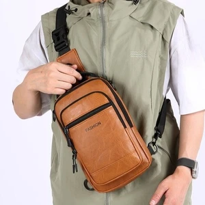 PU Leather Sling Shoulder Bag Multiple pockets Male Crossbody Bag Travel - Picture 1 of 15