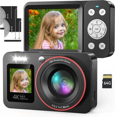 64MP Digitalkamera FHD 4K Fotokamera Kompakt 18X Digitalzoom mit 64GB SD Karte - Bild 1 von 4