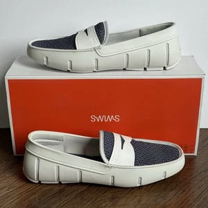 SWIMS Men's Printed Penny Loafers Size 10 White & Navy Blue MSRP $178 SWB193LF - Picture 1 of 17