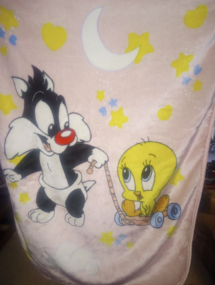 Looney Tunes 1990s Pink Baby Sylvester And Baby Tweety Bird Fleece Crib Blanket - Image 1 of 3